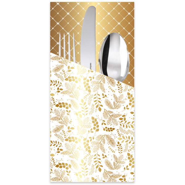 8 range couverts  en papier - Blanc et or - 10x20 cm
