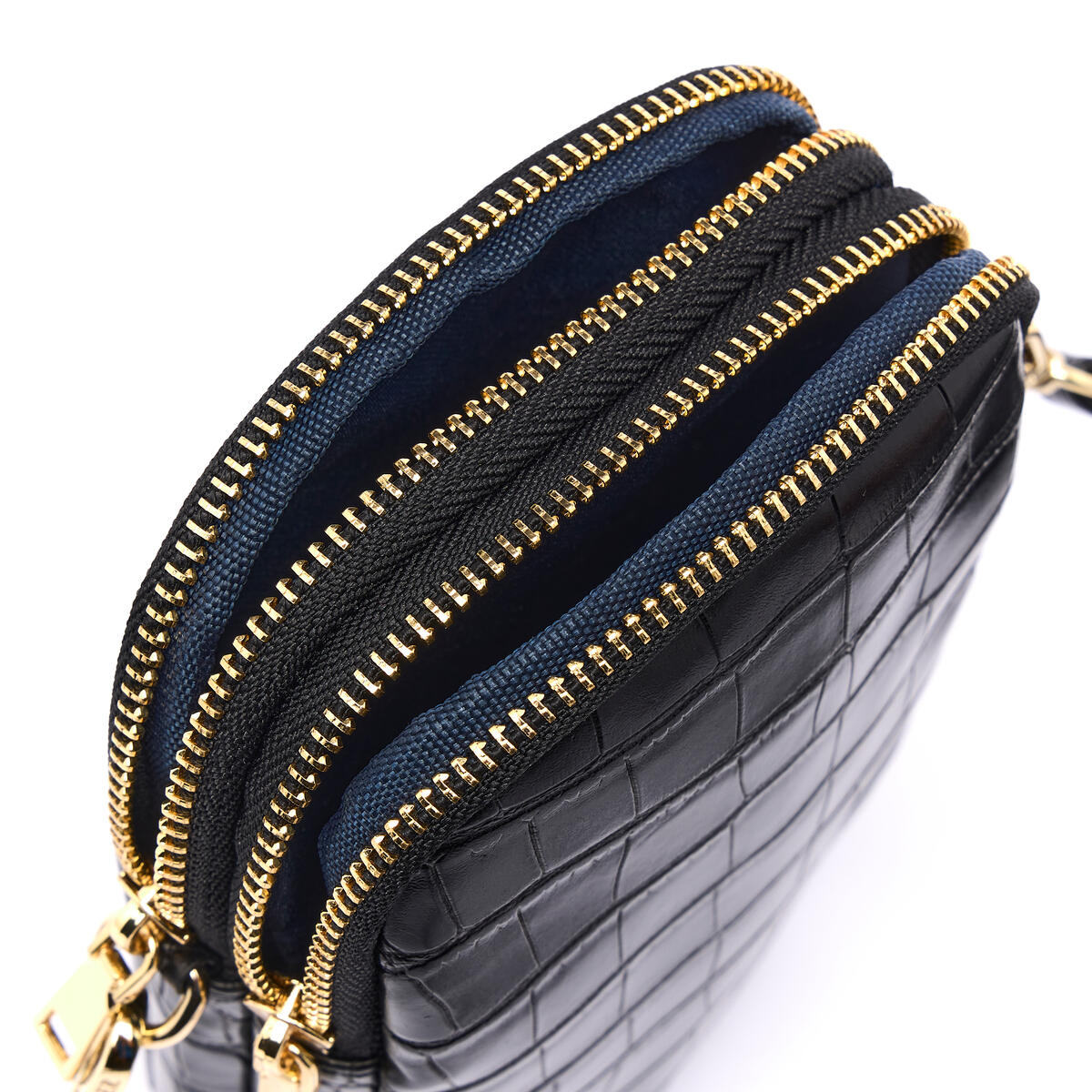 Pochette Double Téléphone Effet Croco Noir 4