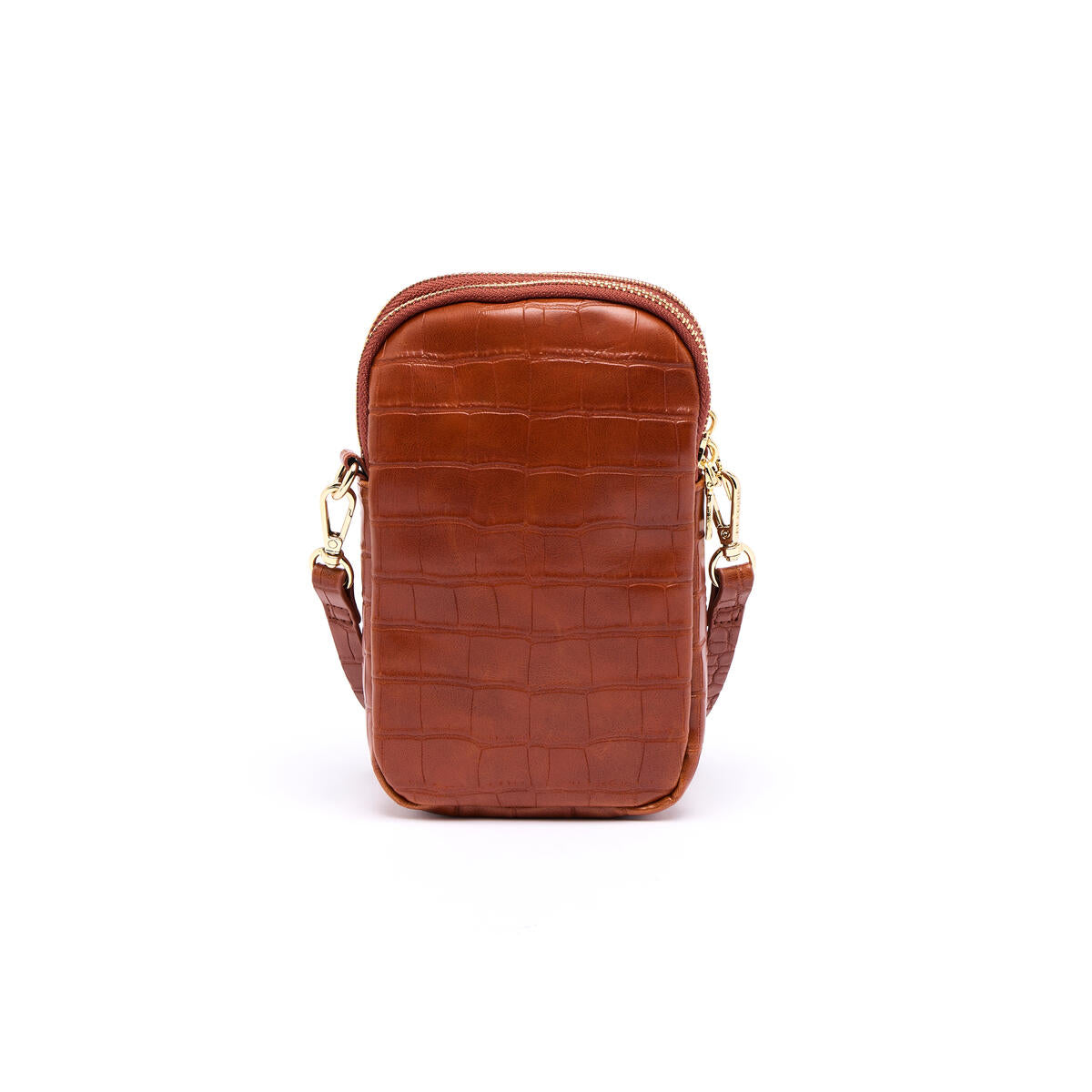 Pochette Double Téléphone Effet Croco Cognac 3