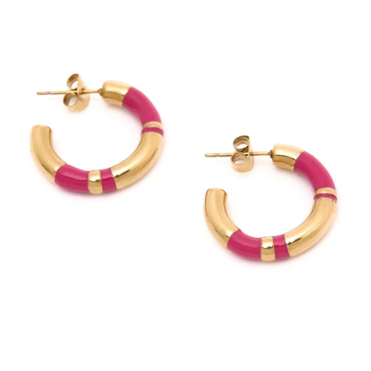 Boucles d'Oreilles Créoles Dorées Email Rose 2