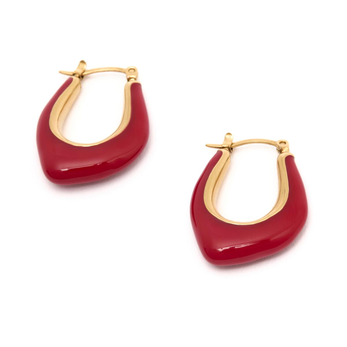 Grandes Boucles d'Oreilles Créoles Dorées Email Rouge