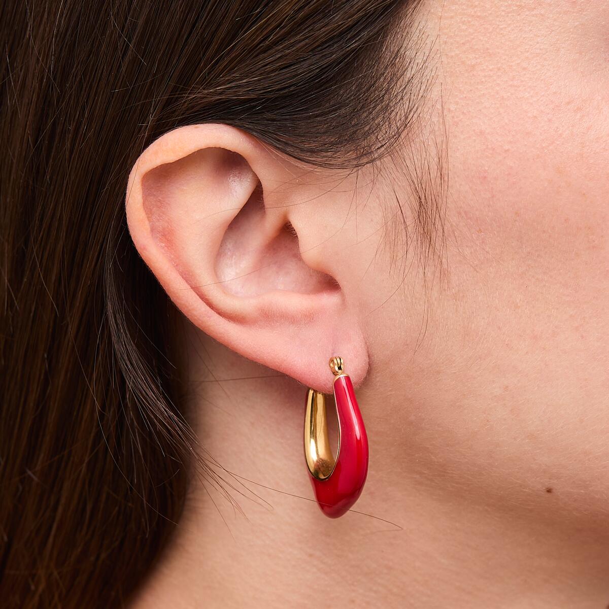 Grandes Boucles d'Oreilles Créoles Dorées Email Rouge 4