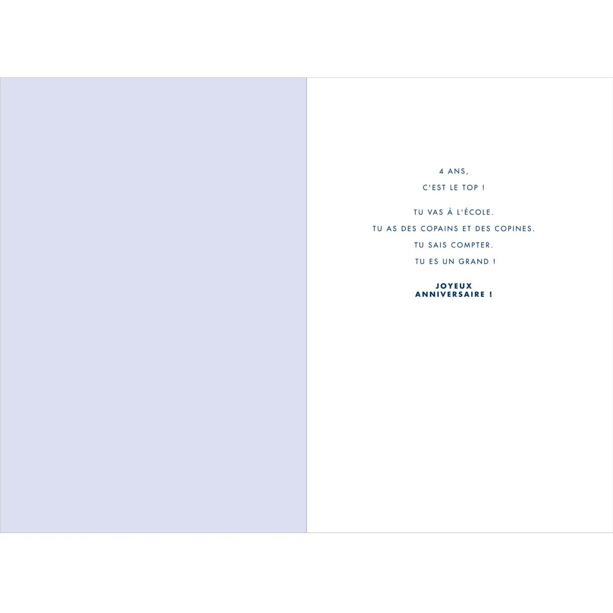 Carte d'anniversaire 4 ans en Or - Bleu - A message - Pour Petit Garçon - Lapin - 11,5 x 17 cm