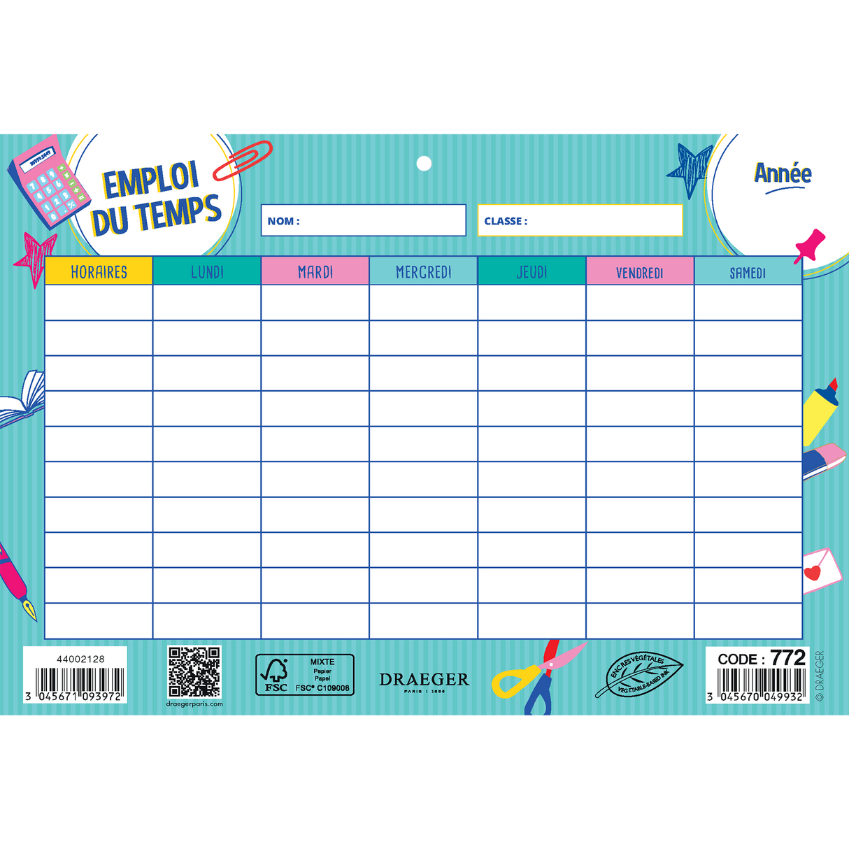 Emploi du temps scolaire 2024-2025 à thème - 19x13 cm