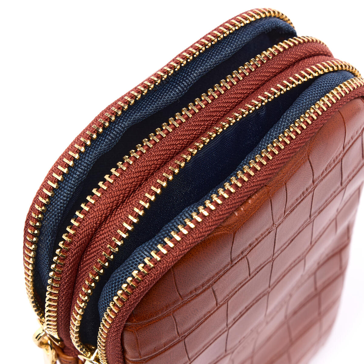 Pochette Double Téléphone Effet Croco Cognac 4