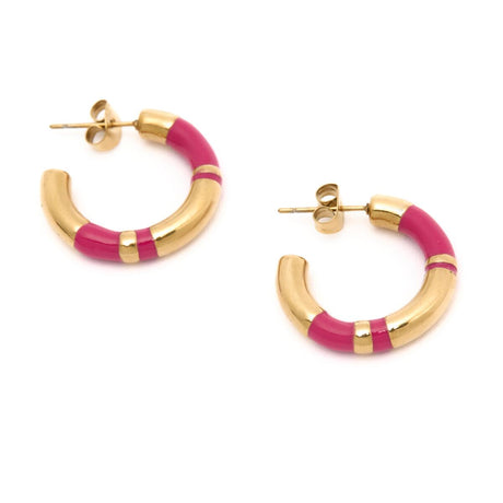 Boucles d'Oreilles Créoles Dorées Email Rose 2