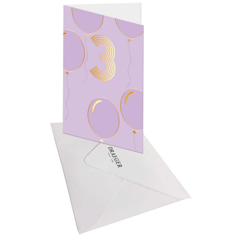 Carte d'anniversaire 3 ans en Or - Violet - A message - Pour Enfant Fille Garçon - Ballons - 11,5 x 17 cm