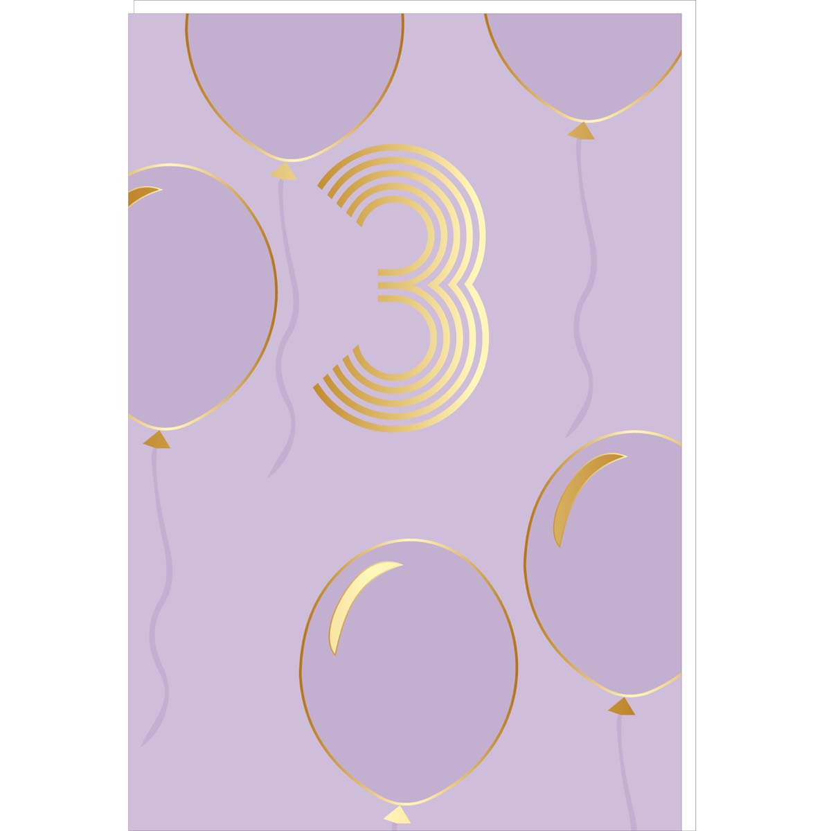 Tarjeta de cumpleaños de 3 años en oro - Morado - Con mensaje - Para niño niña niño - Globos - 11,5 x 17 cm