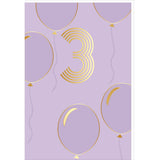 Tarjeta de cumpleaños de 3 años en oro - Morado - Con mensaje - Para niño niña niño - Globos - 11,5 x 17 cm