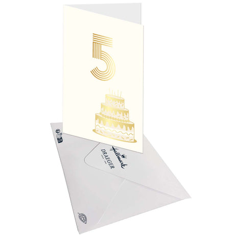 5th Birthday Card in Gold - White - With Message - For Children, Boys, Girls - Cakes - 11.5 x 17 cm