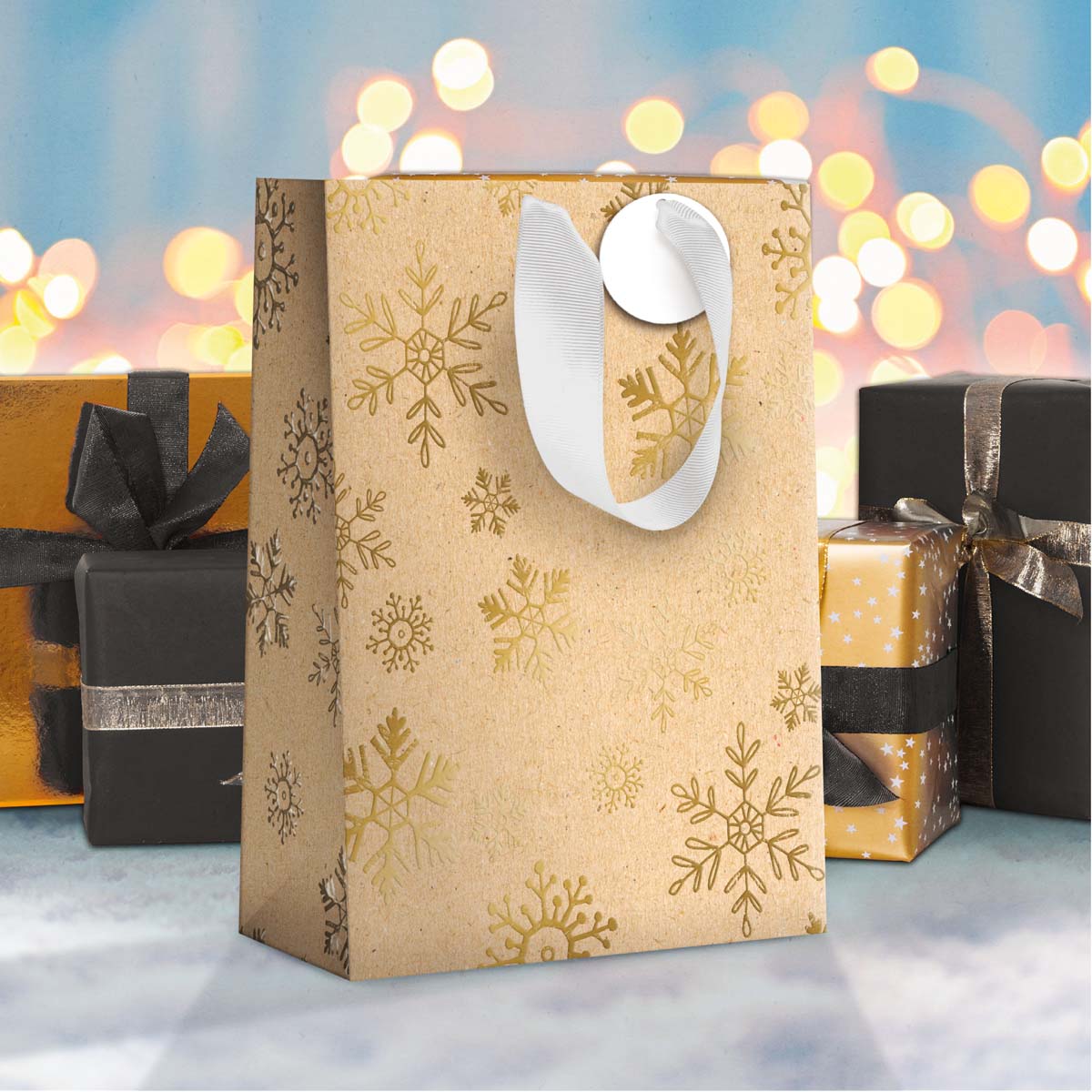 Bolsa de Regalo Kraft Copos de Nieve - Formato Grande